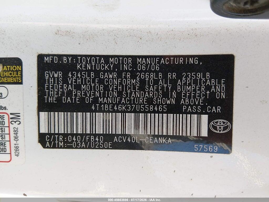 4T1BE46K37U558465 2007 TOYOTA CAMRY photo no. 9
