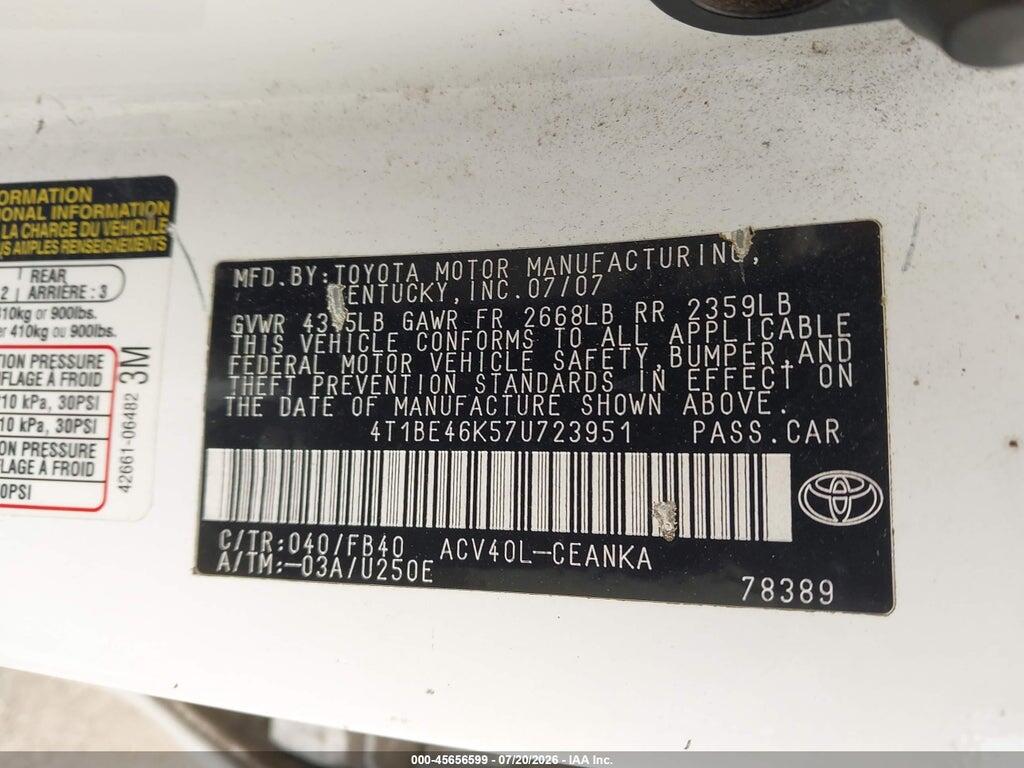 4T1BE46K57U723951 2007 TOYOTA CAMRY photo no. 9