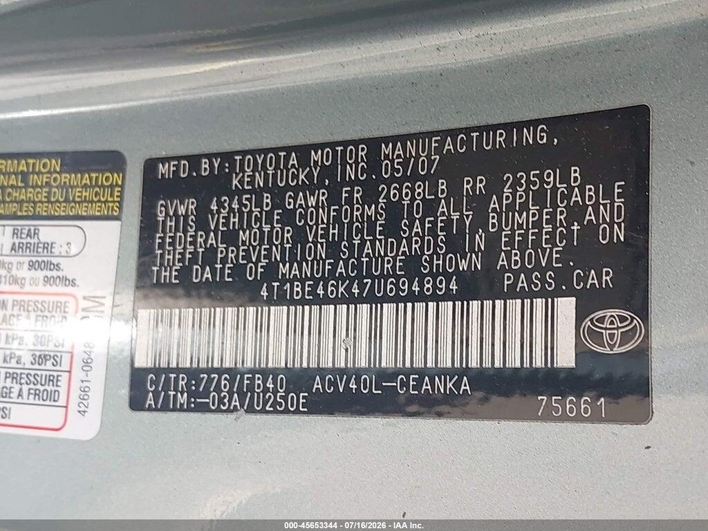 4T1BE46K47U694894 2007 TOYOTA CAMRY photo no. 9