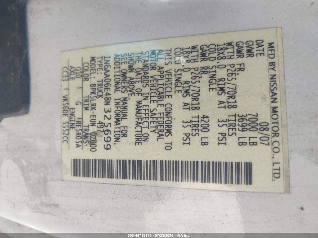 1N6AA06E48N325699 2008 NISSAN TITAN photo no. 9
