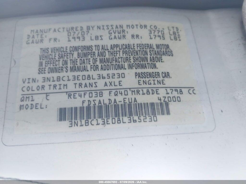 3N1BC13E08L365230 2008 NISSAN VERSA photo no. 9
