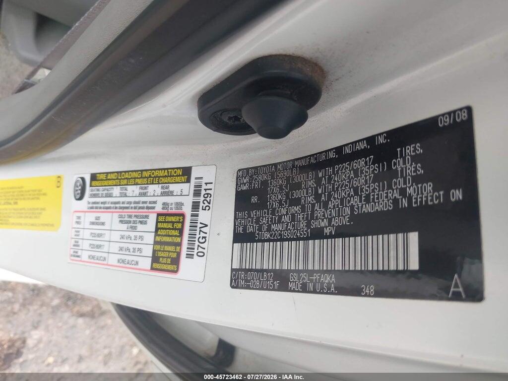 5TDBK22C19S024551 2009 TOYOTA SIENNA photo no. 9
