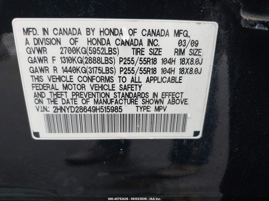 2HNYD28649H515985 2009 ACURA MDX photo no. 9
