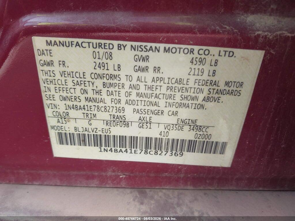 1N4BA41E78C827369 2008 NISSAN MAXIMA photo no. 9