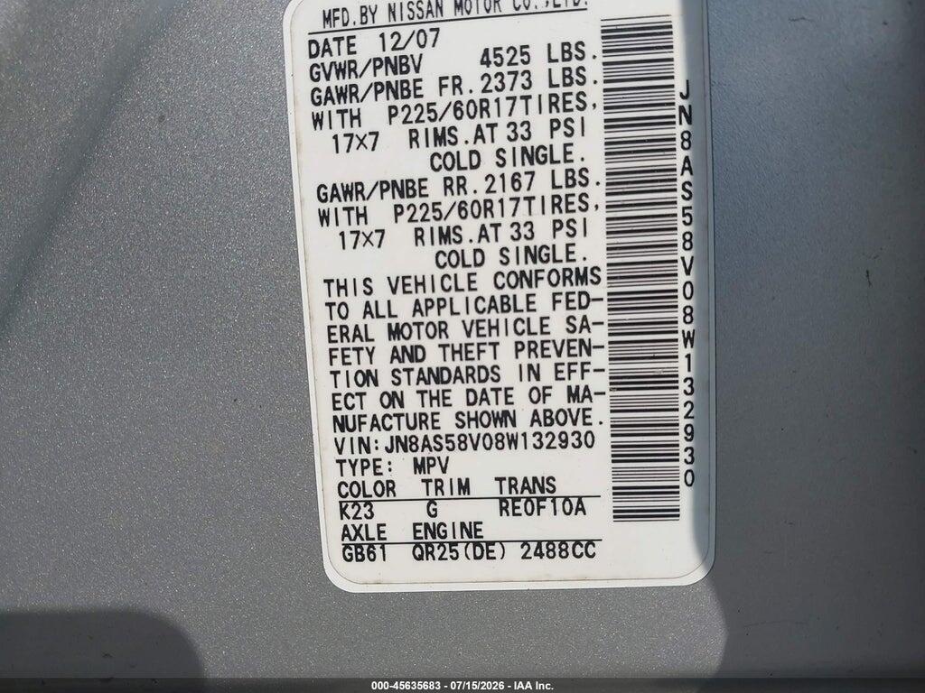 JN8AS58V08W132930 2008 NISSAN ROGUE photo no. 9