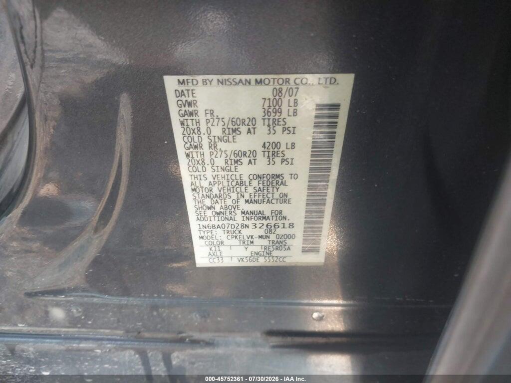 1N6BA07D28N326618 2008 NISSAN TITAN photo no. 9