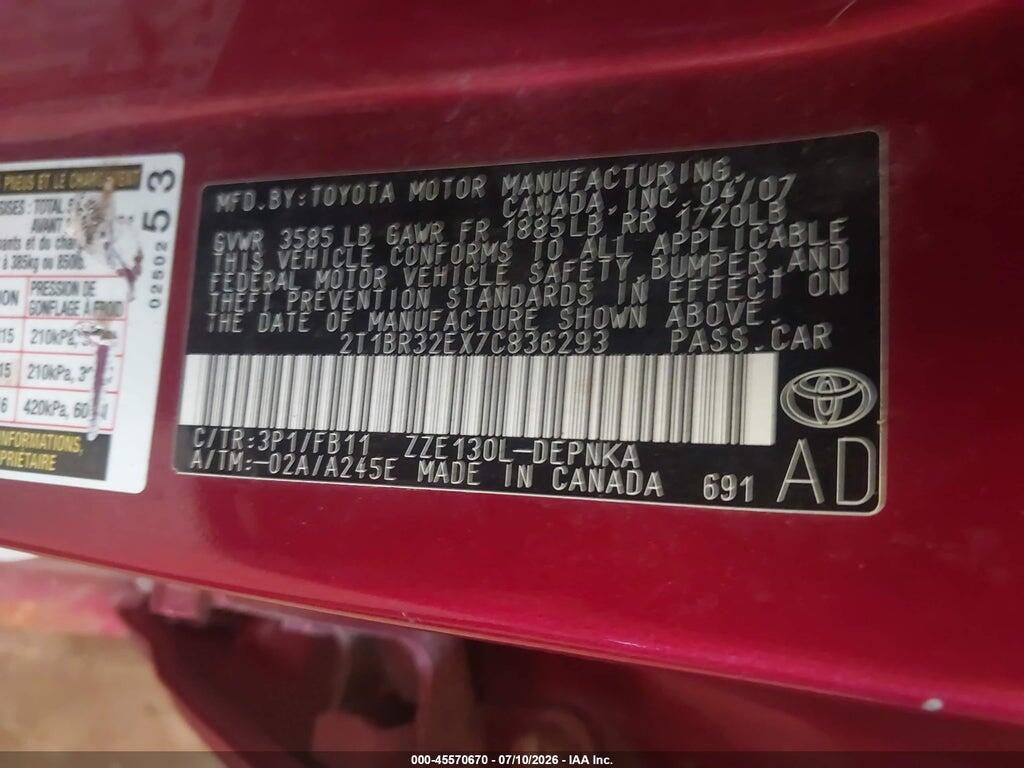 2T1BR32EX7C836293 2007 TOYOTA COROLLA photo no. 9