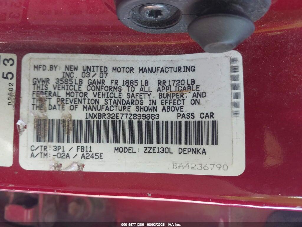 1NXBR32E77Z899883 2007 TOYOTA COROLLA photo no. 9