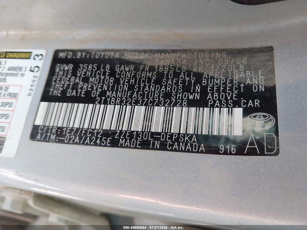 2T1BR32E37C732728 2007 TOYOTA COROLLA photo no. 9