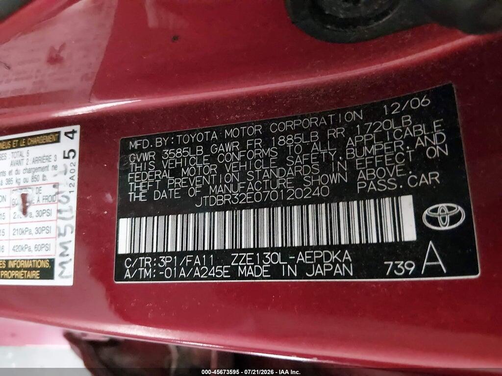 JTDBR32E070120240 2007 TOYOTA COROLLA photo no. 9