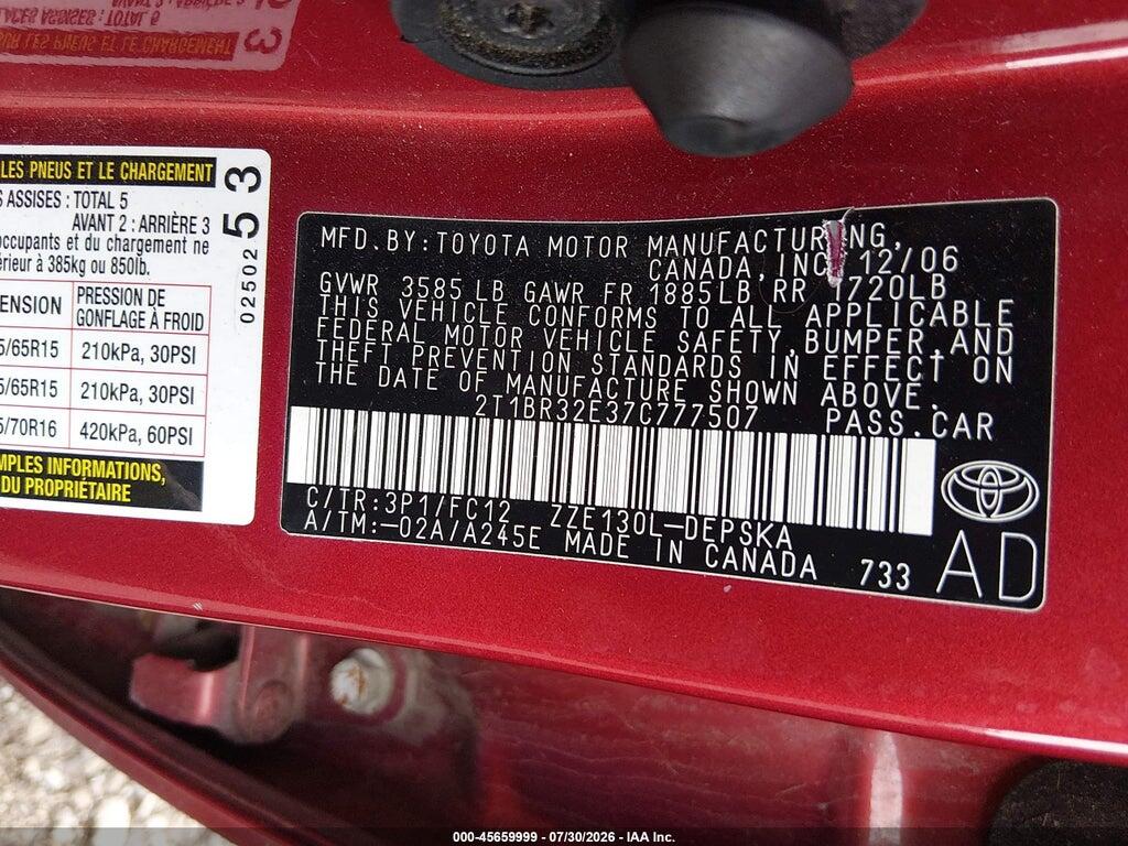 2T1BR32E37C777507 2007 TOYOTA COROLLA photo no. 9