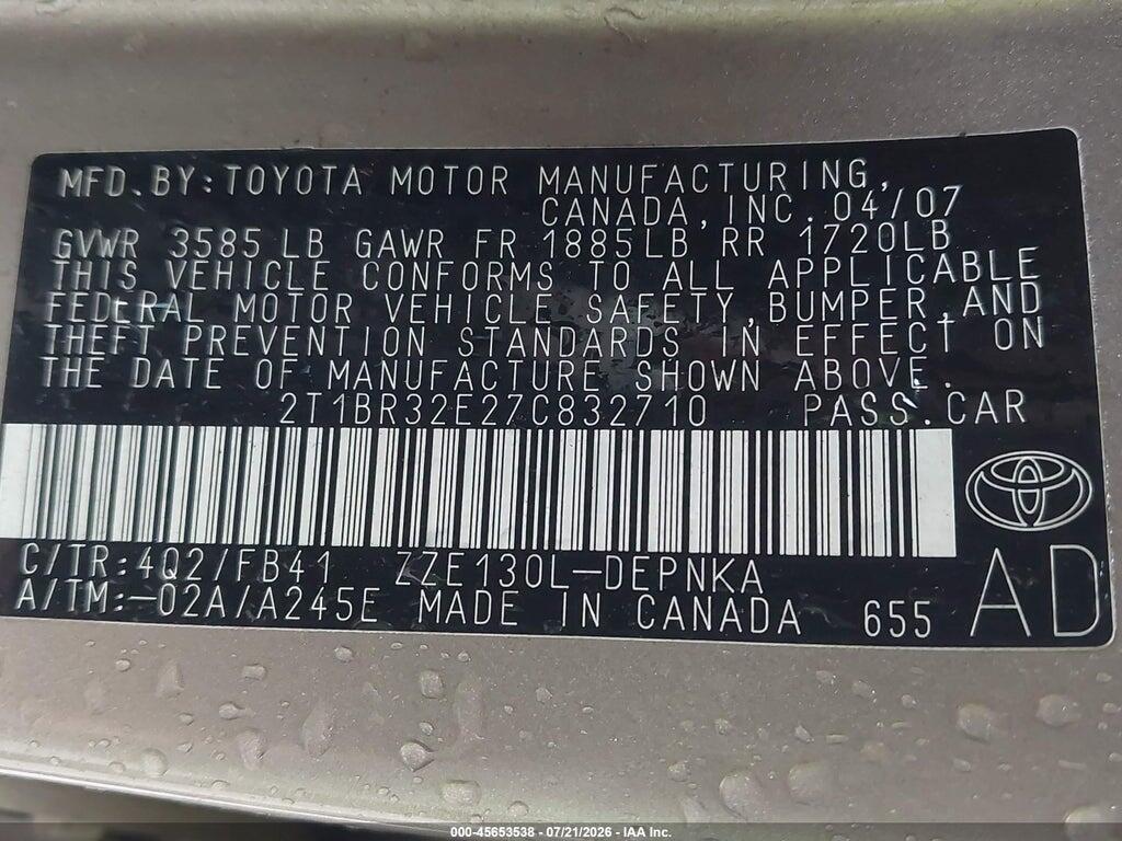 2T1BR32E27C832710 2007 TOYOTA COROLLA photo no. 9