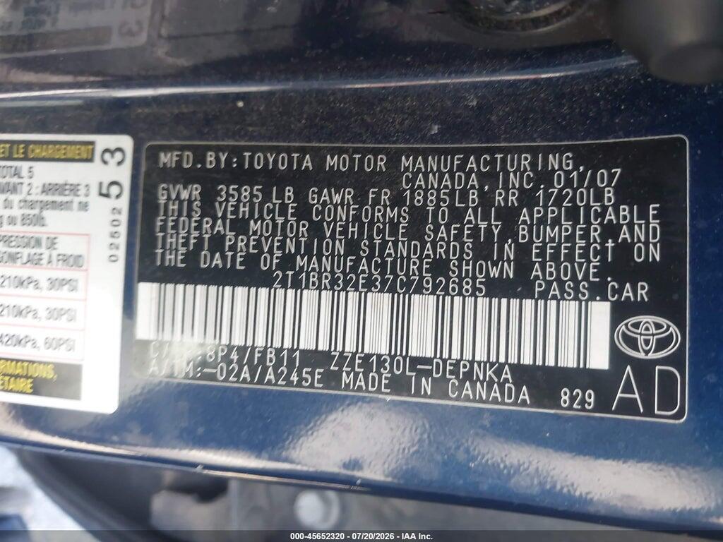 2T1BR32E37C792685 2007 TOYOTA COROLLA photo no. 9