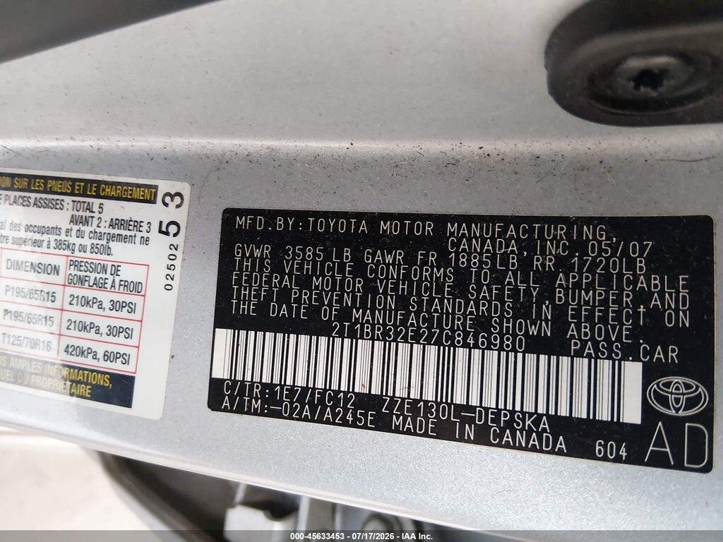 2T1BR32E27C846980 2007 TOYOTA COROLLA photo no. 9