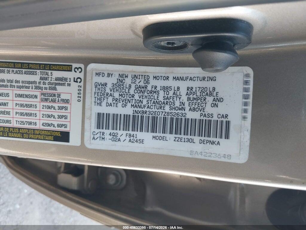 1NXBR32E07Z852632 2007 TOYOTA COROLLA photo no. 9