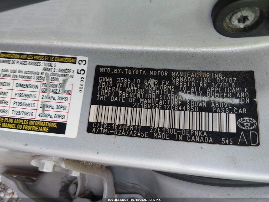 2T1BR32E17C844850 2007 TOYOTA COROLLA photo no. 9