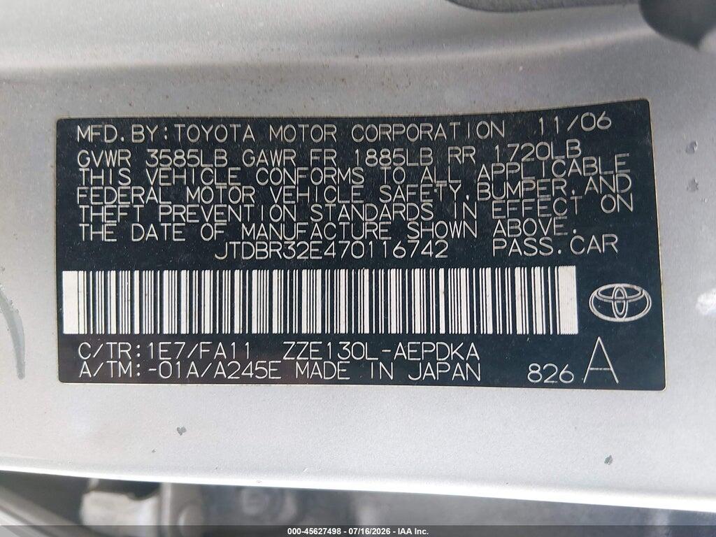 JTDBR32E470116742 2007 TOYOTA COROLLA photo no. 9