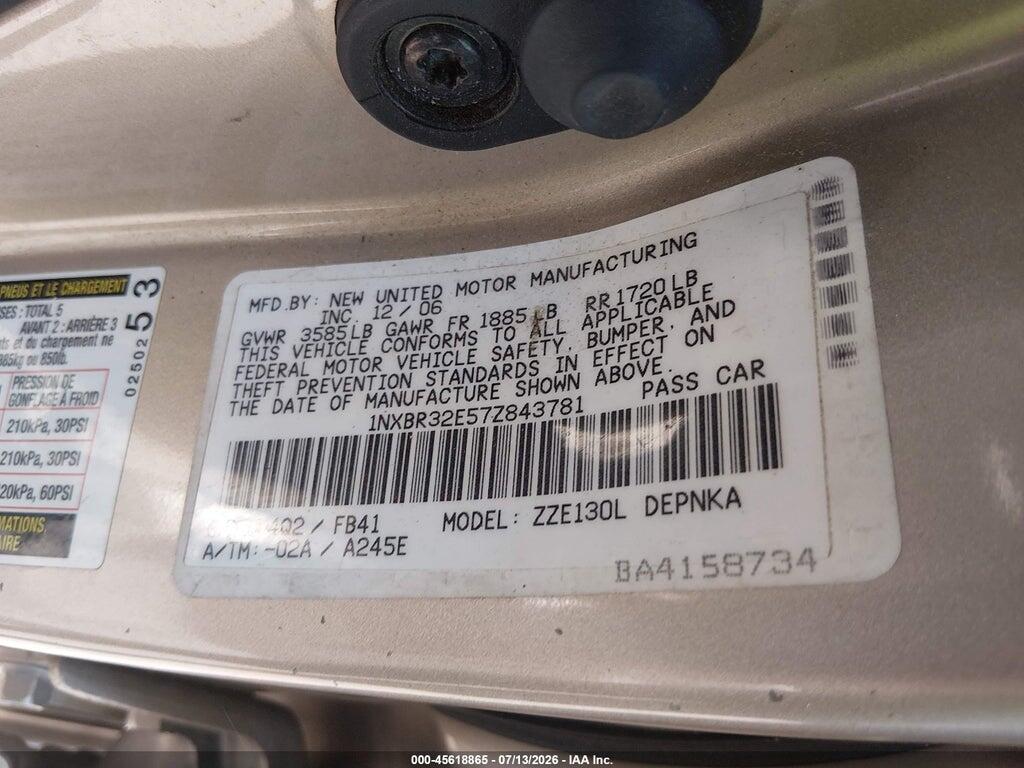 1NXBR32E57Z843781 2007 TOYOTA COROLLA photo no. 9