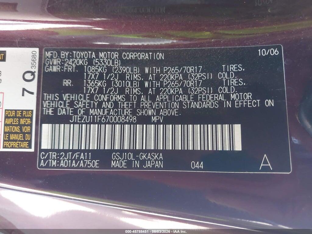 JTEZU11F670008498 2007 TOYOTA FJ CRUISER photo no. 9
