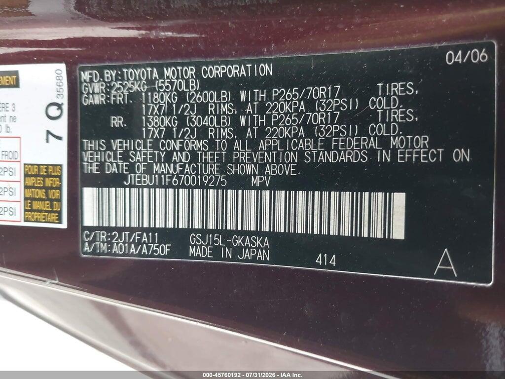 JTEBU11F670019275 2007 TOYOTA FJ CRUISER photo no. 9