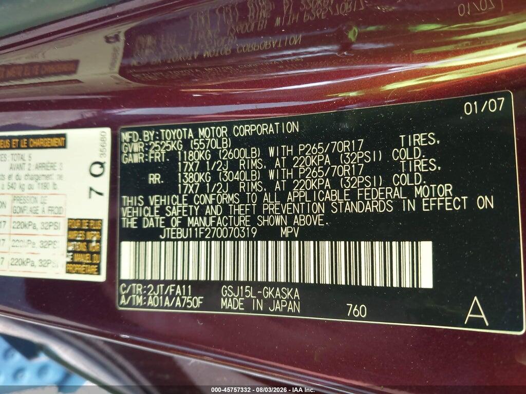 JTEBU11F270070319 2007 TOYOTA FJ CRUISER photo no. 9