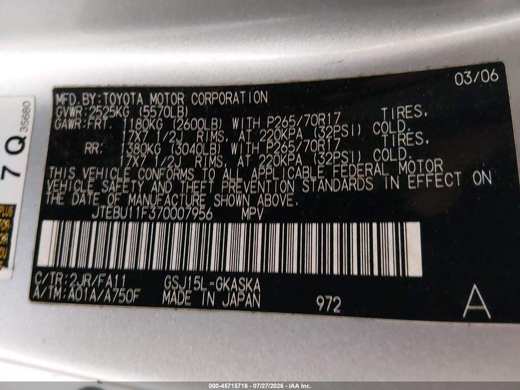 JTEBU11F370007956 2007 TOYOTA FJ CRUISER photo no. 9