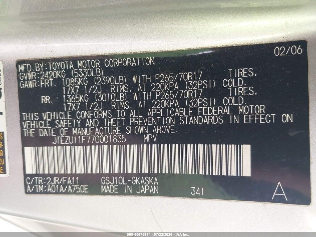 JTEZU11F770001835 2007 TOYOTA FJ CRUISER photo no. 9