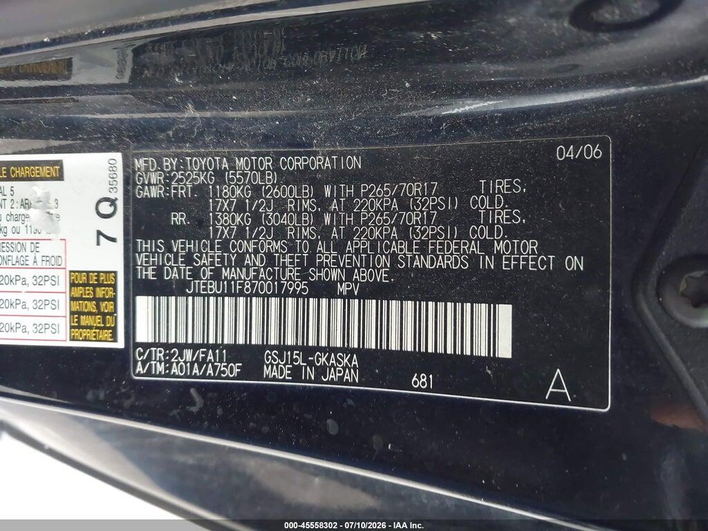 JTEBU11F870017995 2007 TOYOTA FJ CRUISER photo no. 9
