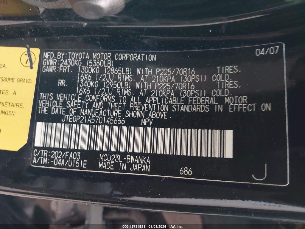 JTEGP21A570145666 2007 TOYOTA HIGHLANDER photo no. 9