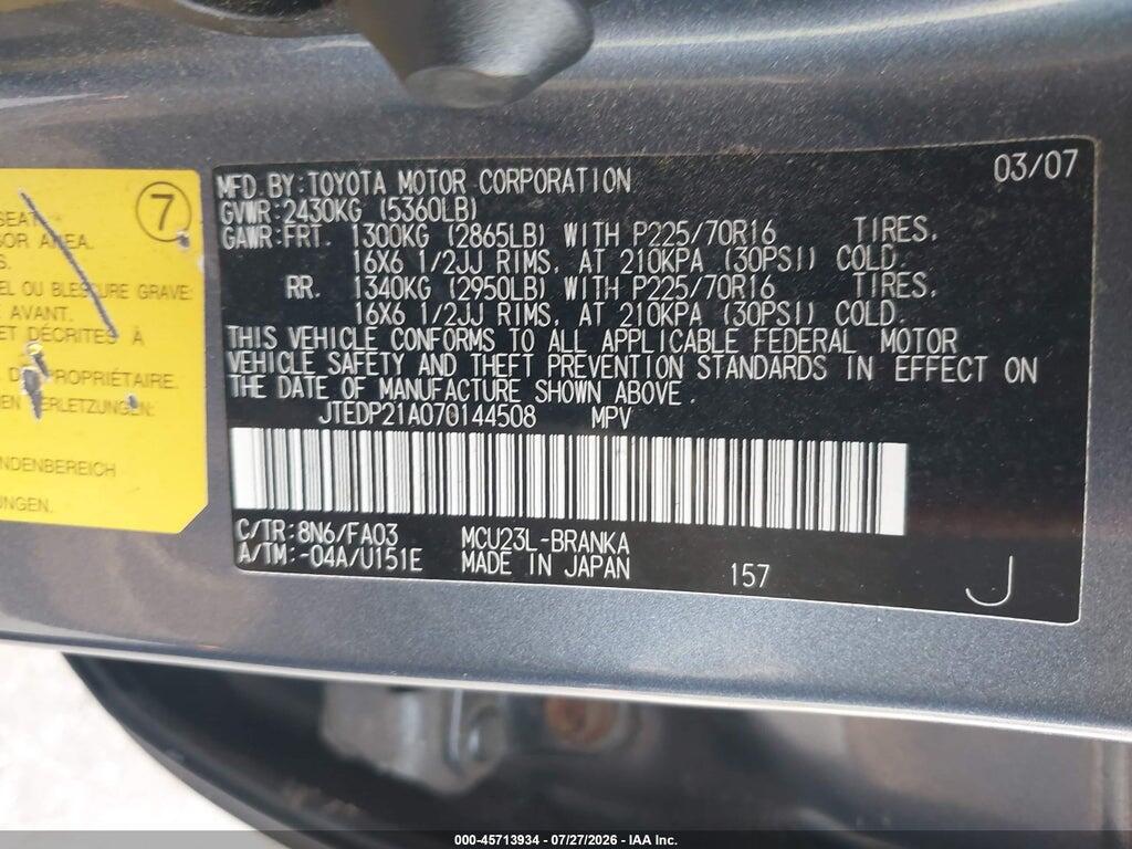 JTEDP21A070144508 2007 TOYOTA HIGHLANDER photo no. 9