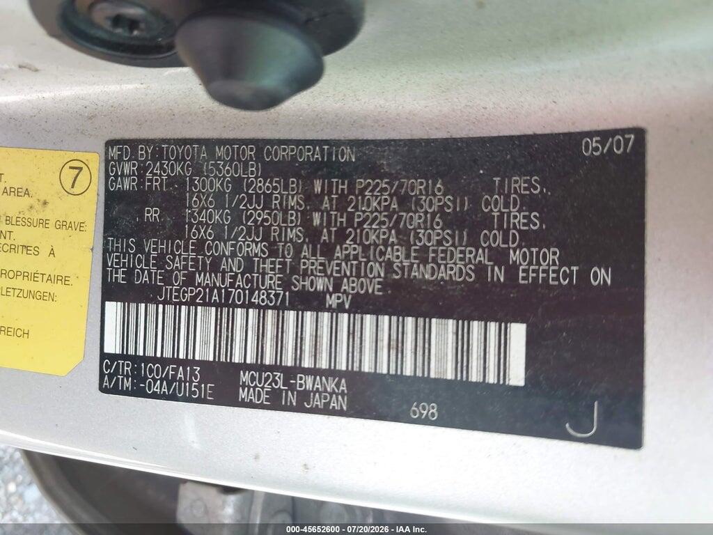 JTEGP21A170148371 2007 TOYOTA HIGHLANDER photo no. 9