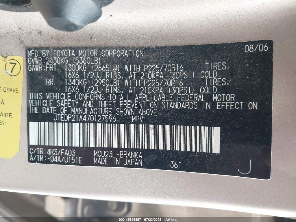 JTEDP21A470127596 2007 TOYOTA HIGHLANDER photo no. 9
