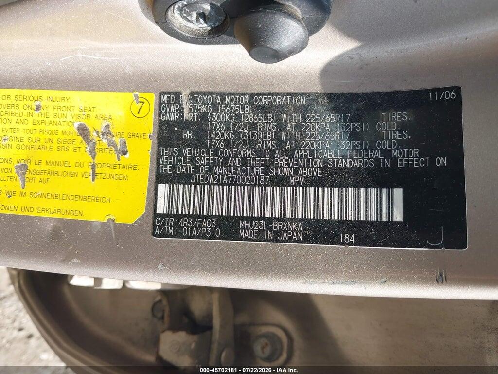 JTEDW21A770020187 2007 TOYOTA HIGHLANDER HYBRID photo no. 9