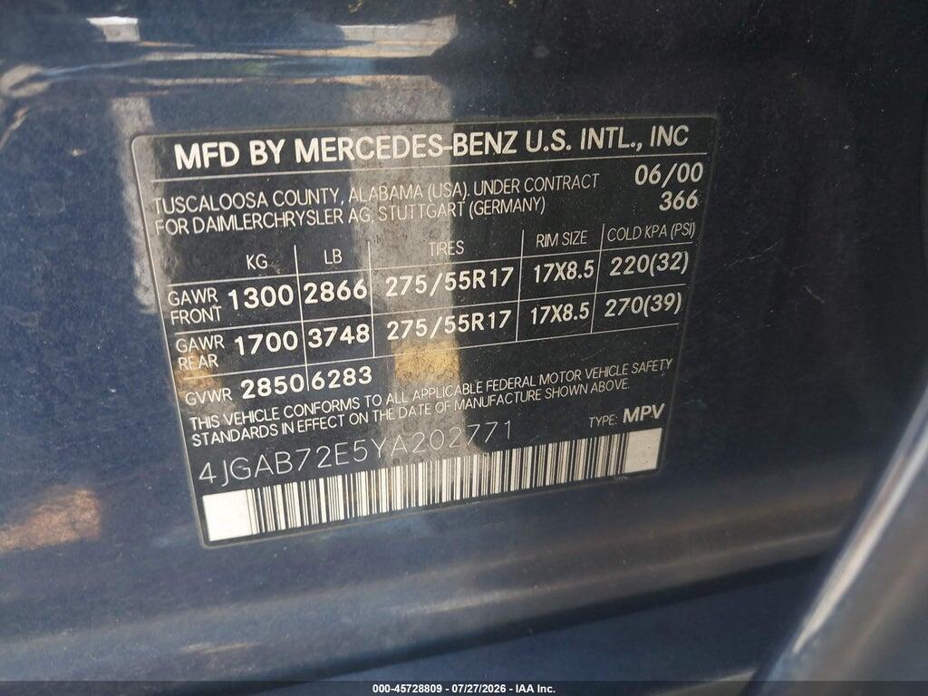 4JGAB72E5YA202771 2000 MERCEDES-BENZ ML 430 photo no. 9