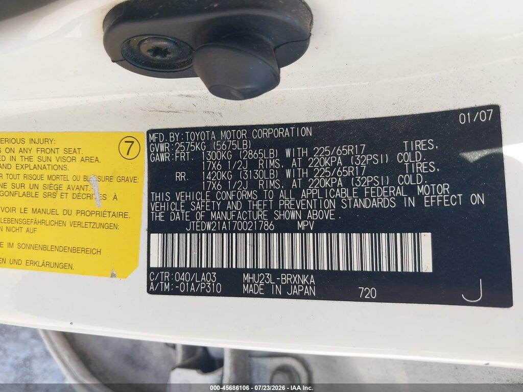 JTEDW21A170021786 2007 TOYOTA HIGHLANDER HYBRID photo no. 9