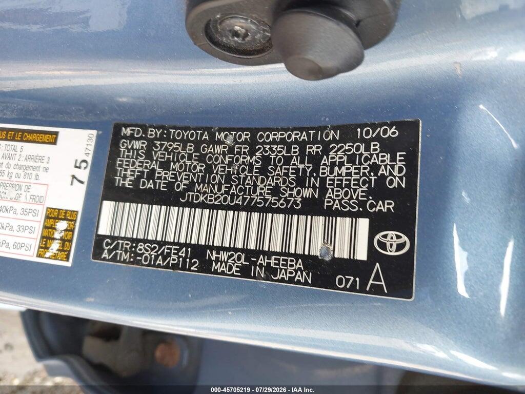 JTDKB20U477575673 2007 TOYOTA PRIUS photo no. 9