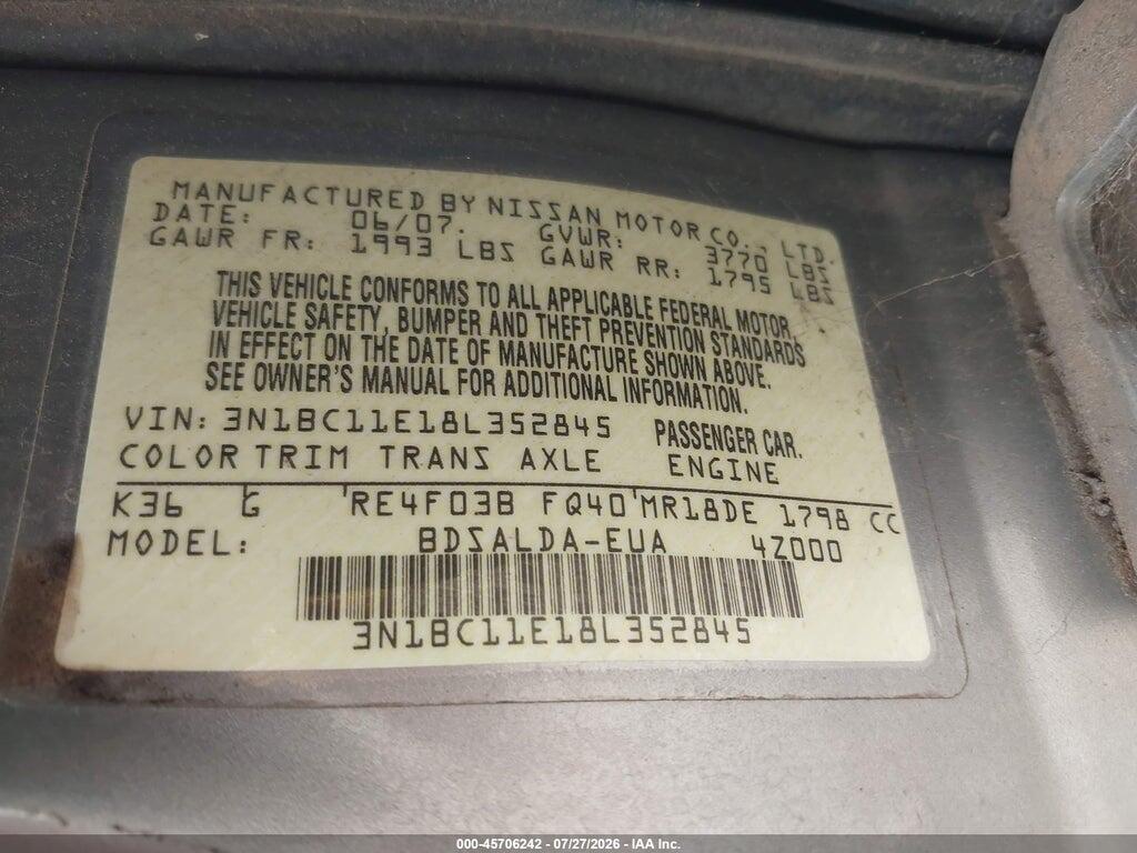 3N1BC11E18L352845 2008 NISSAN VERSA photo no. 9