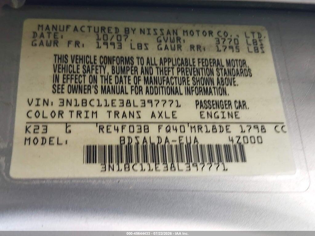 3N1BC11E38L397771 2008 NISSAN VERSA photo no. 9