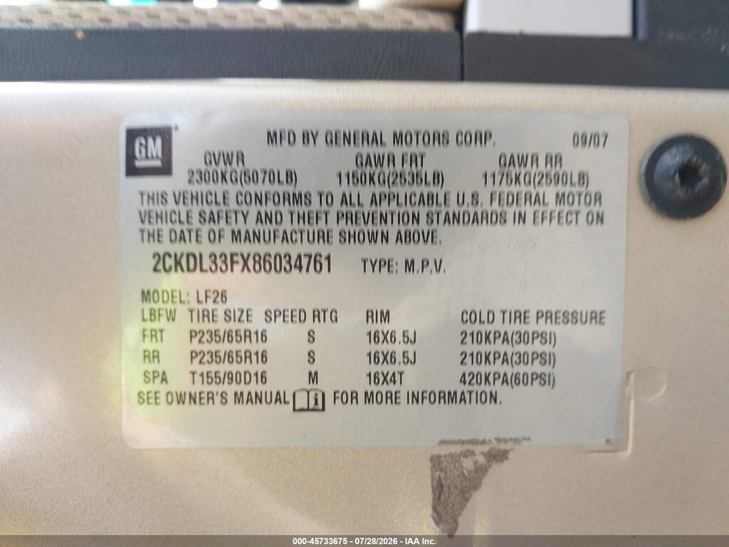 2CKDL33FX86034761 2008 PONTIAC TORRENT photo no. 9
