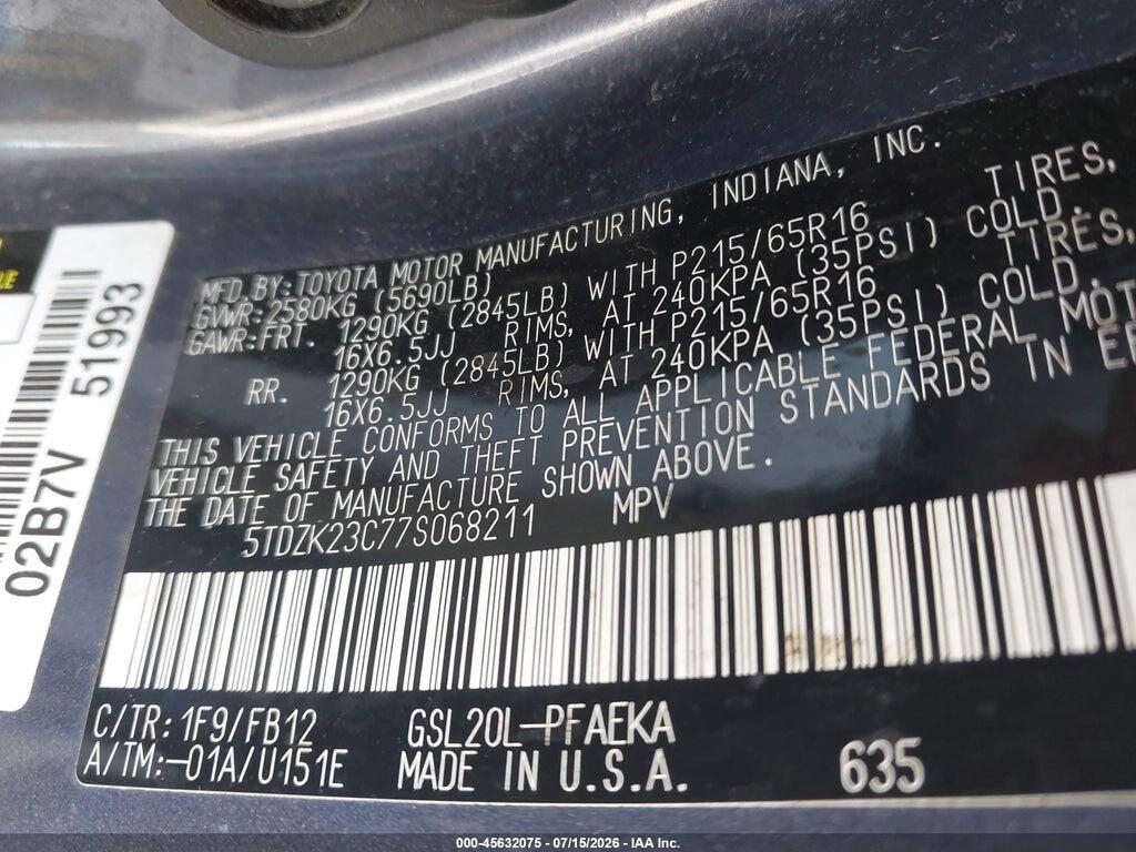 5TDZK23C77S068211 2007 TOYOTA SIENNA photo no. 9
