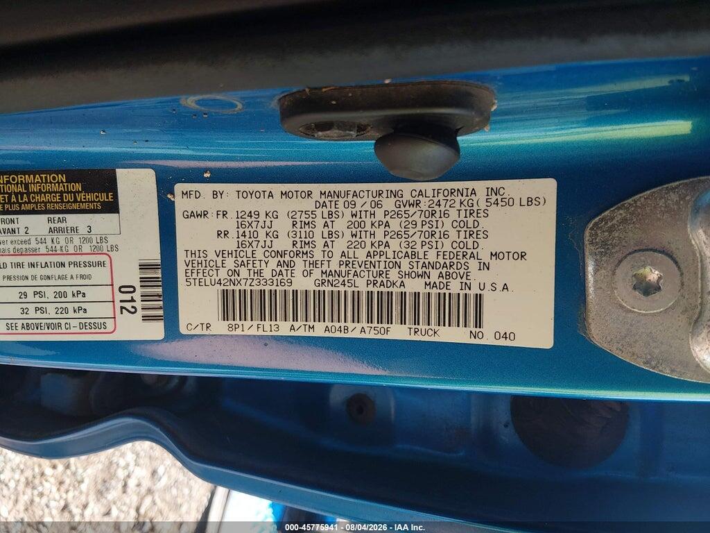 5TELU42NX7Z333169 2007 TOYOTA TACOMA photo no. 9
