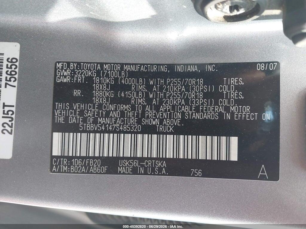 5TBBV54147S485320 2007 TOYOTA TUNDRA photo no. 9