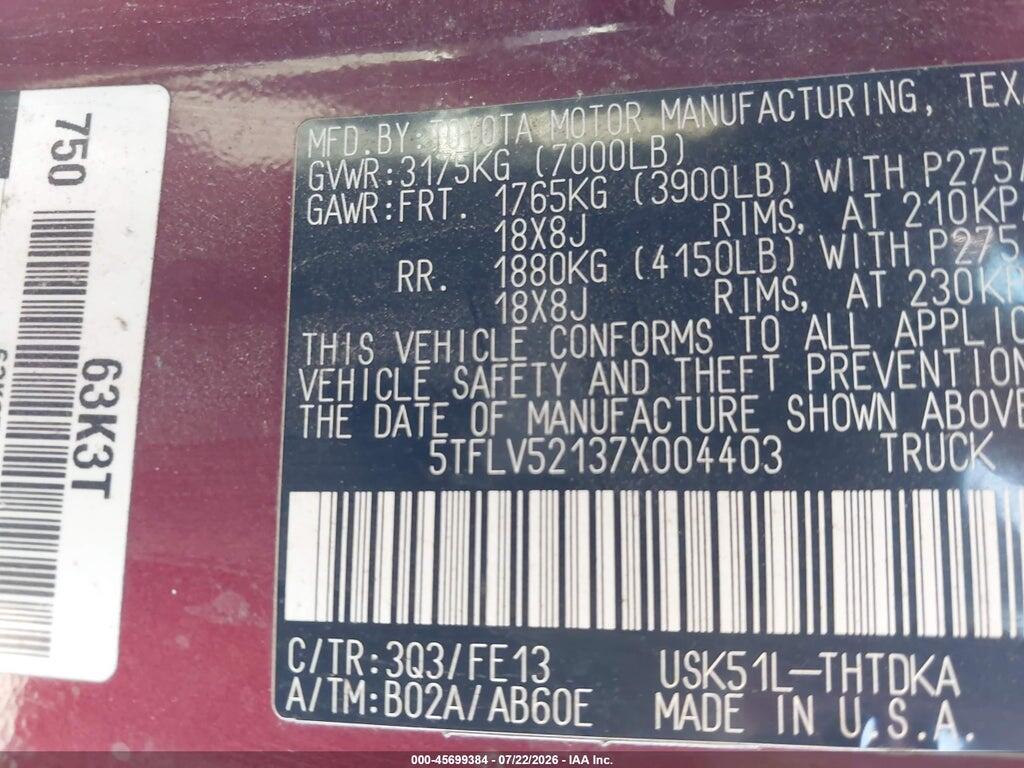 5TFLV52137X004403 2007 TOYOTA TUNDRA photo no. 9