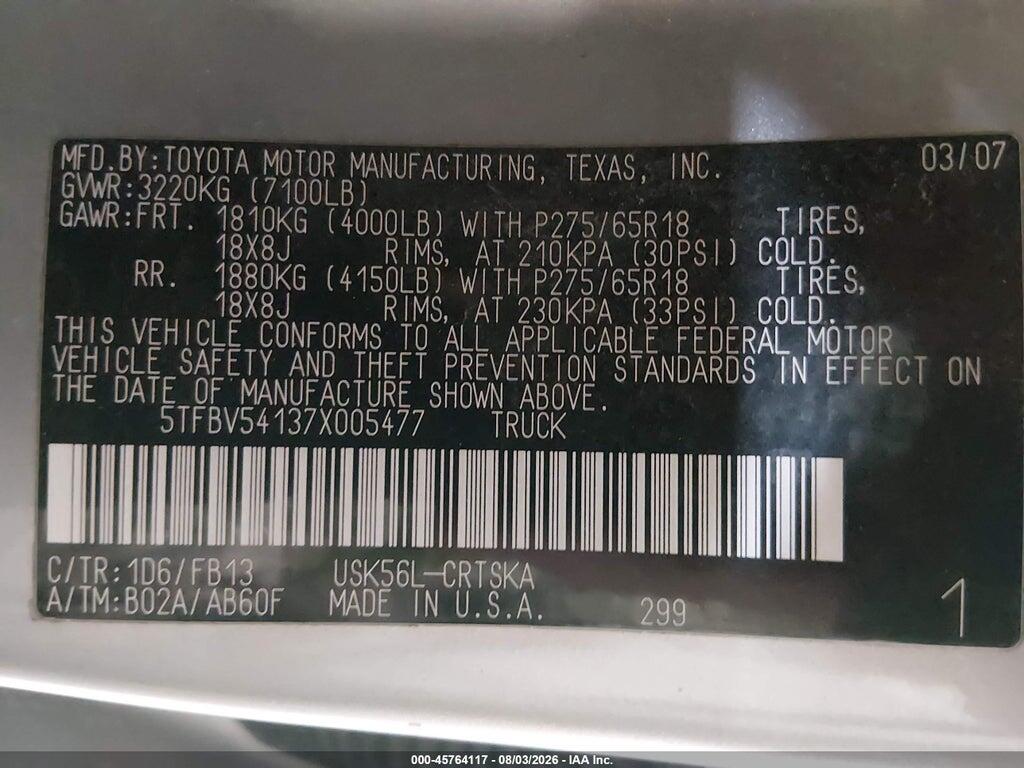 5TFBV54137X005477 2007 TOYOTA TUNDRA photo no. 9