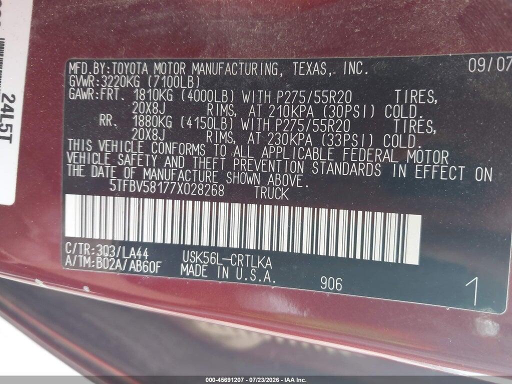 5TFBV58177X028268 2007 TOYOTA TUNDRA photo no. 9
