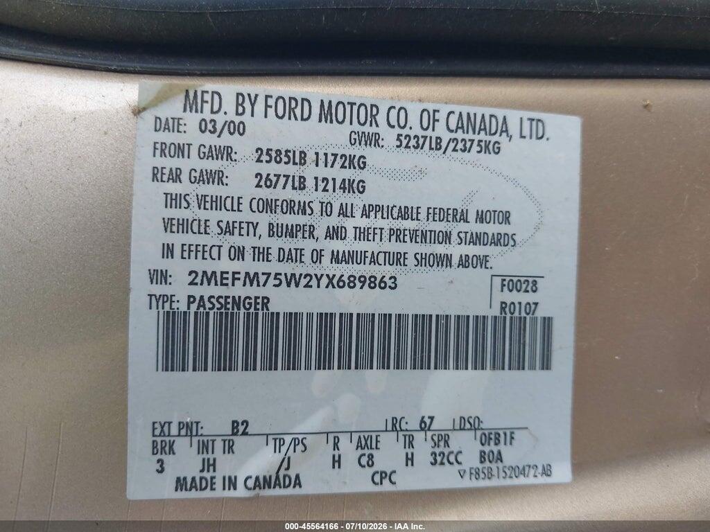 2MEFM75W2YX689863 2000 MERCURY GRAND MARQUIS photo no. 9