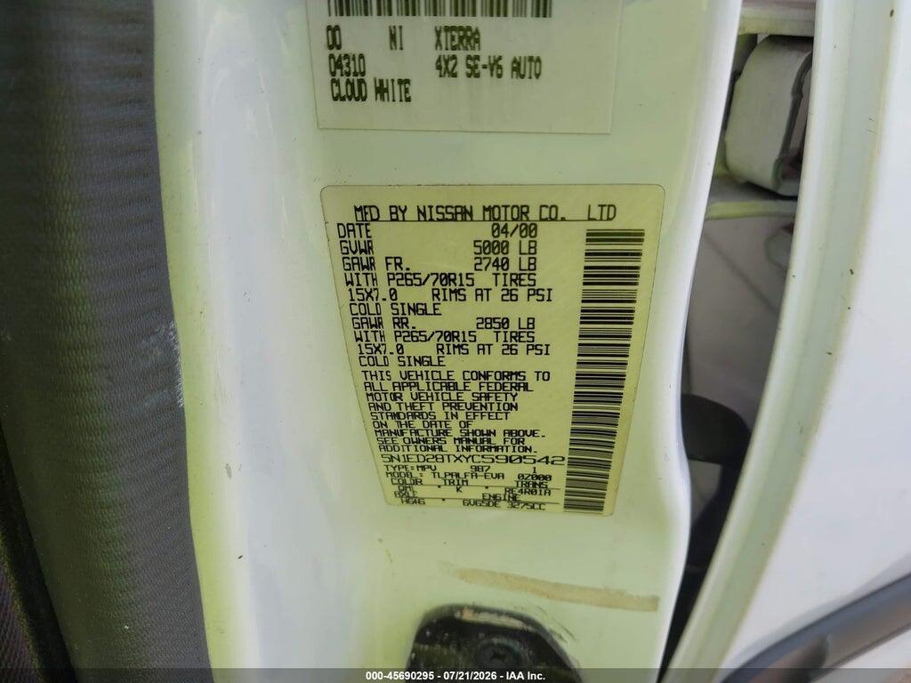 5N1ED28TXYC590542 2000 NISSAN XTERRA photo no. 9