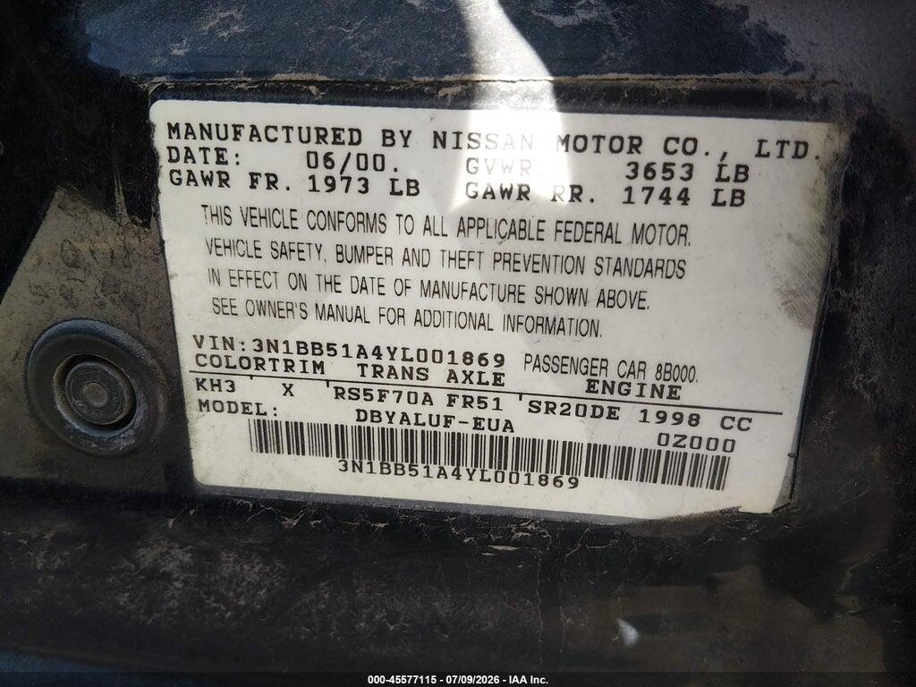 3N1BB51A4YL001869 2000 NISSAN SENTRA photo no. 9