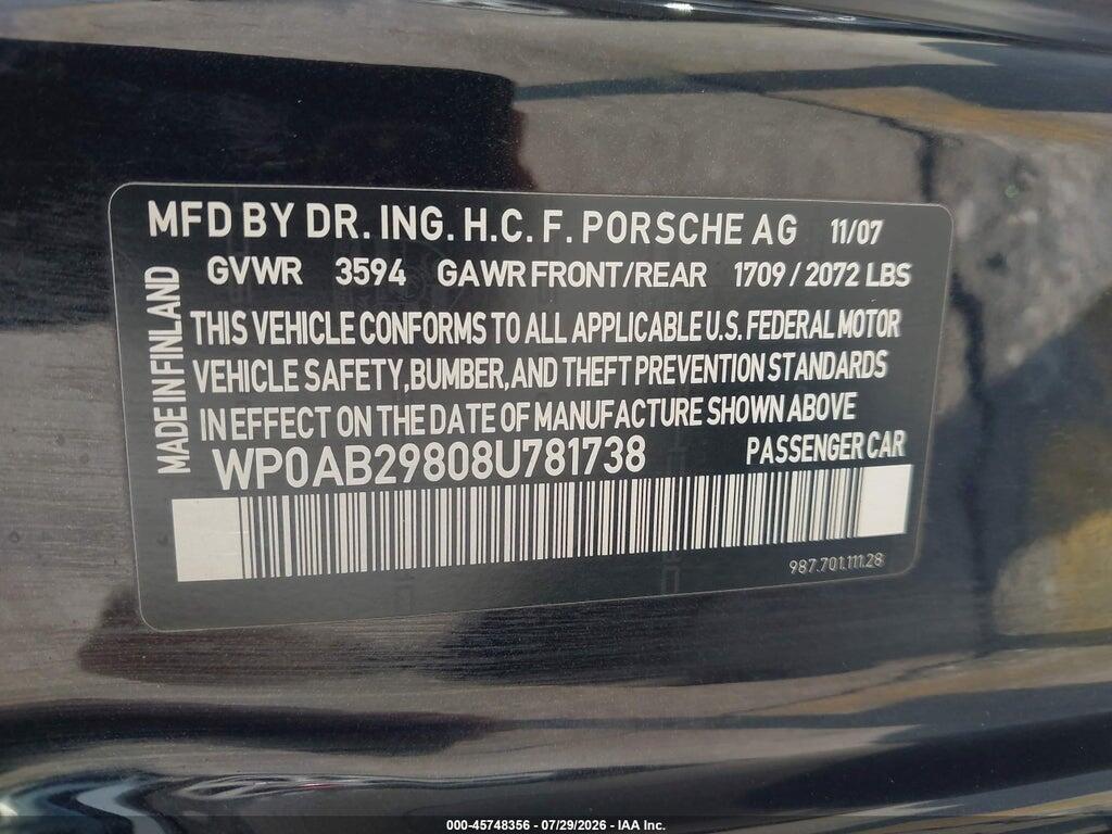 WP0AB29808U781738 2008 PORSCHE CAYMAN S photo no. 9