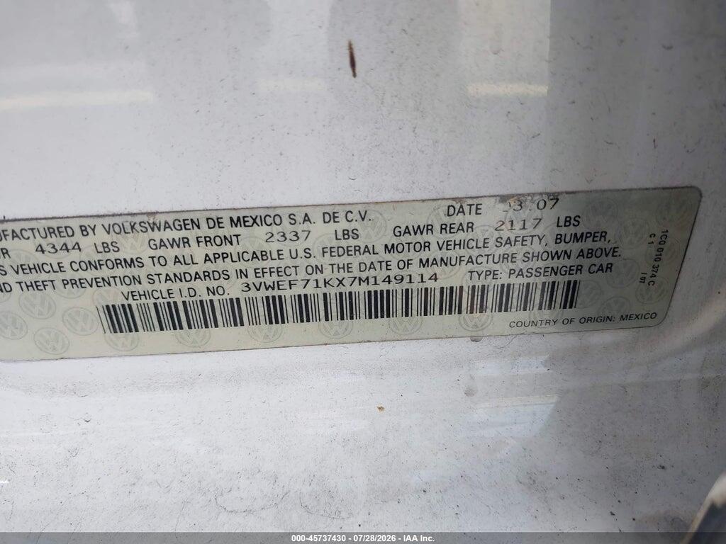 3VWEF71KX7M149114 2007 VOLKSWAGEN JETTA photo no. 9